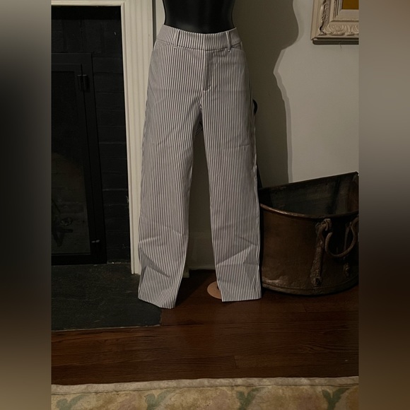 White & Blue Striped Embroidered Summer Pants